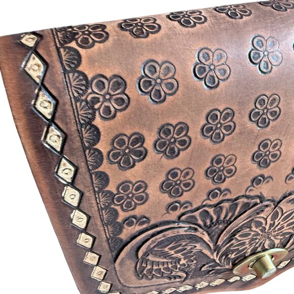 Myra Bag Embossed Scarlet Hand-Tooled Bag Upcyled convertible backpack - Picture 3 of 11
